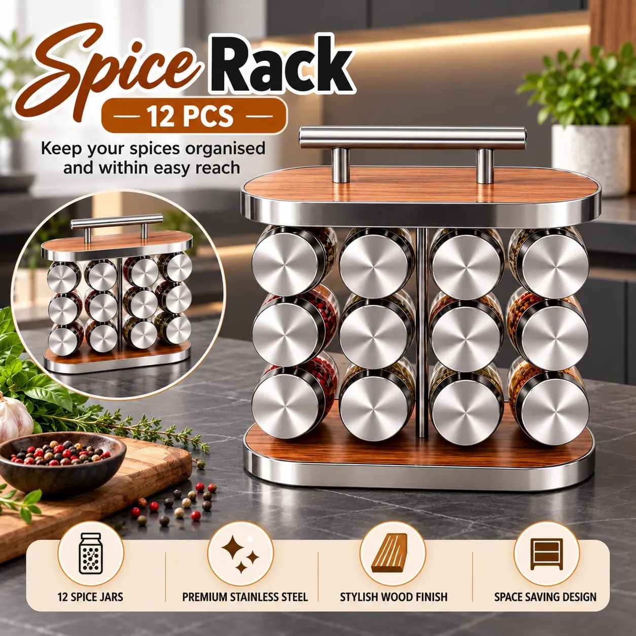 12-piece spice rack with handle in wood and stainless steel finish