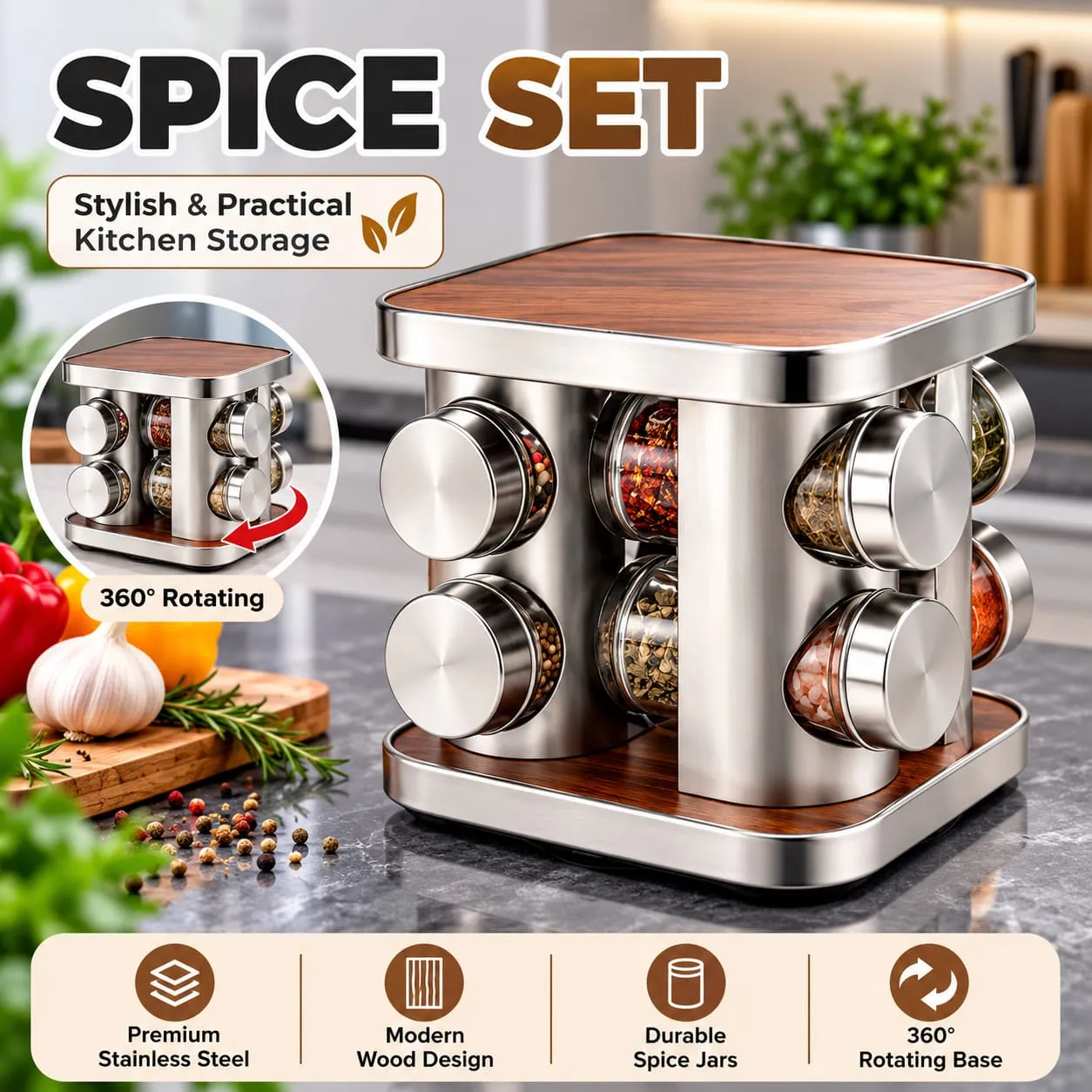Stylish 8-piece spice set with rotating stainless steel and wood base
